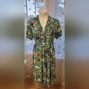 #50 Dorby Blue Green White Midi Summer Dress wiith Cinched Accents Size 14